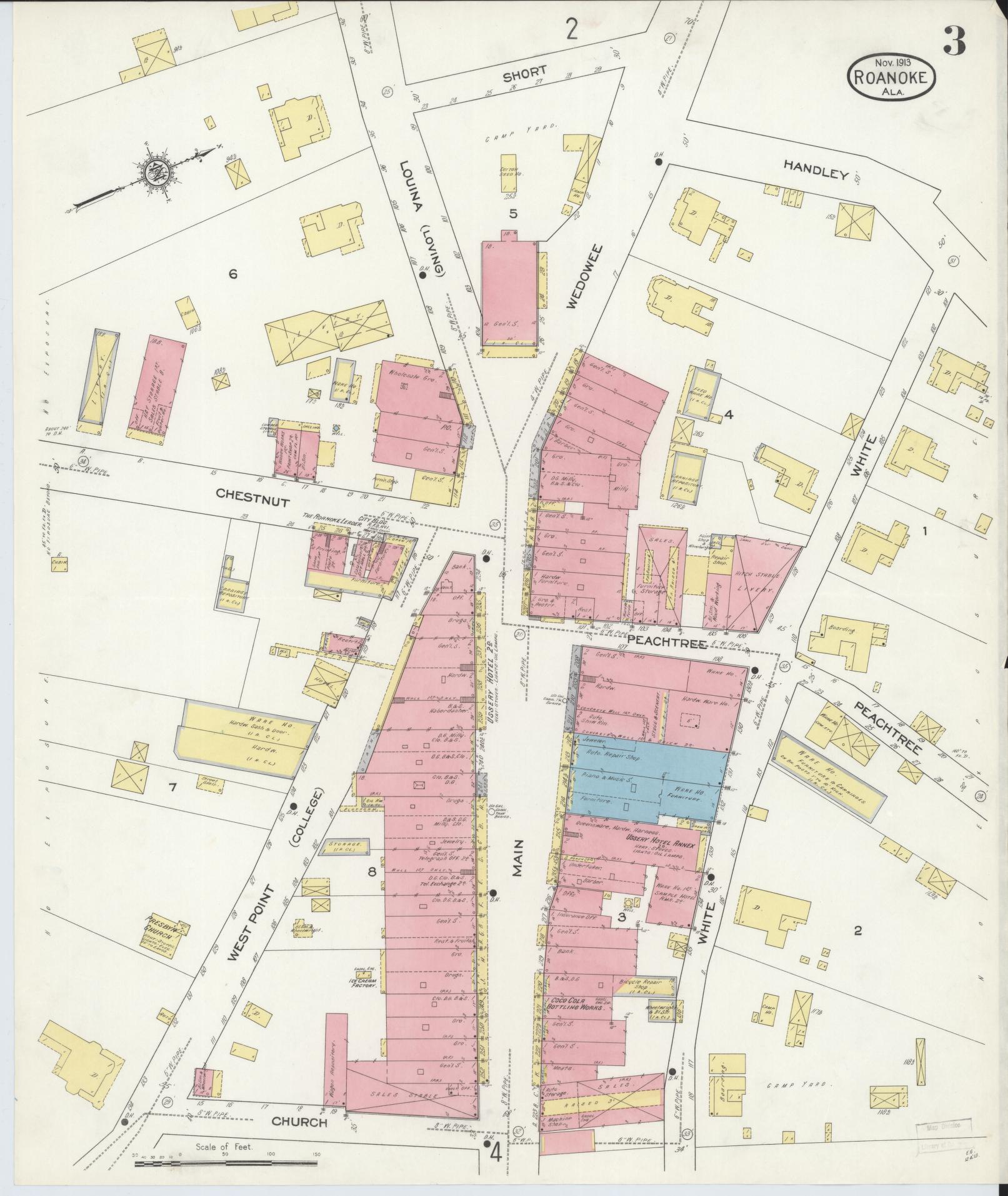 Sanborn Fire Insurance Map from Roanoke, Randolph County, Alabama (1913), Sheet #0003 - Complete Map Set gallery image, historic Sanborn map, vintage wall art, Alabama Alabama