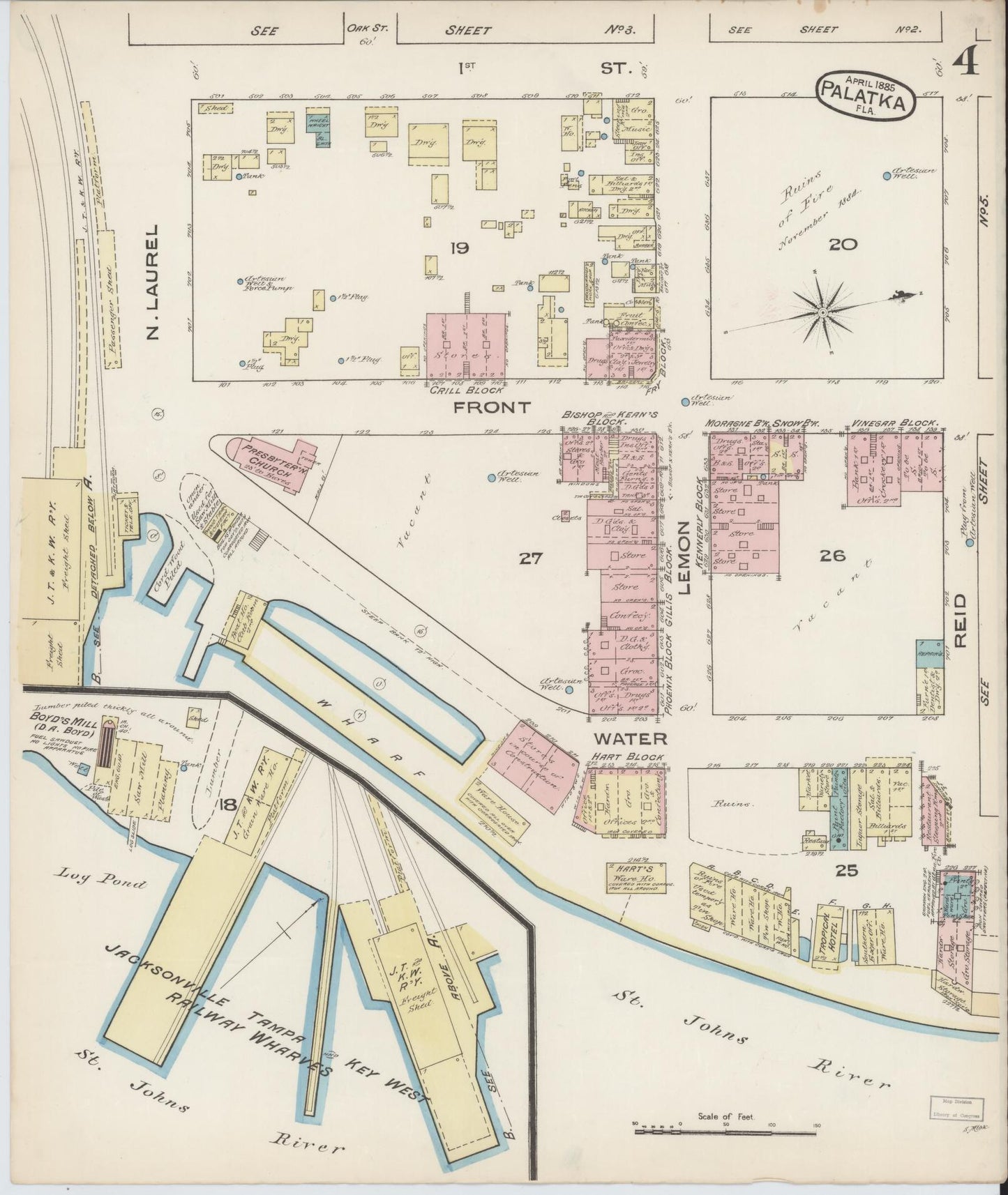 Sanborn Fire Insurance Map from Palatka, Putnam County, Florida (1885), Sheet #0004 - Historic Sanborn Fire Insurance Map Print, vintage old map wall art, antique decor, genealogy gift, Florida Florida map