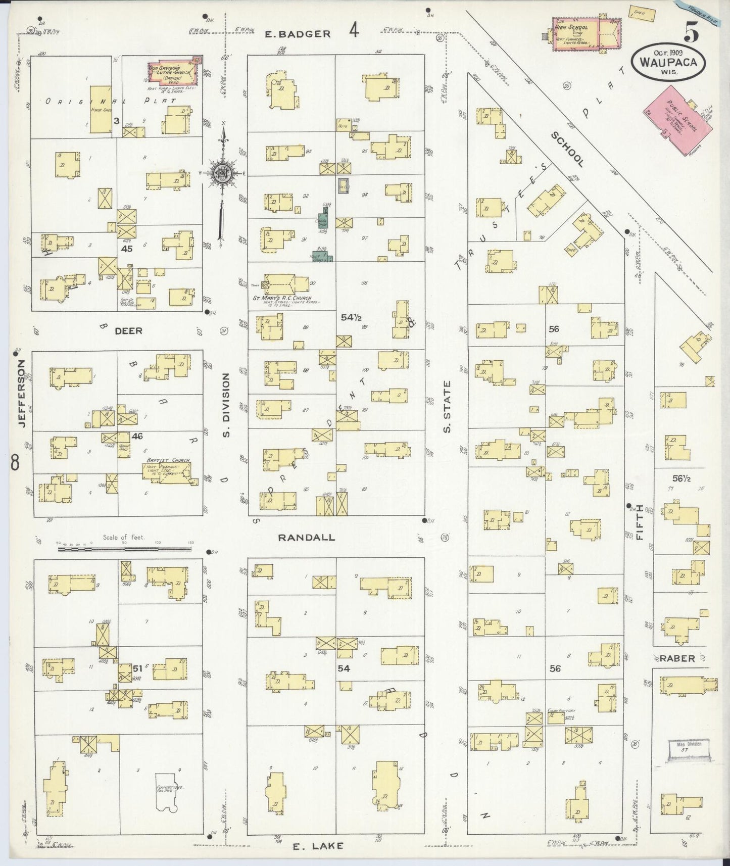 Sanborn Fire Insurance Map from Waupaca, Waupaca County, Wisconsin (1909), Sheet #0005 - Complete Map Set gallery image, historic Sanborn map, vintage wall art, Wisconsin Wisconsin