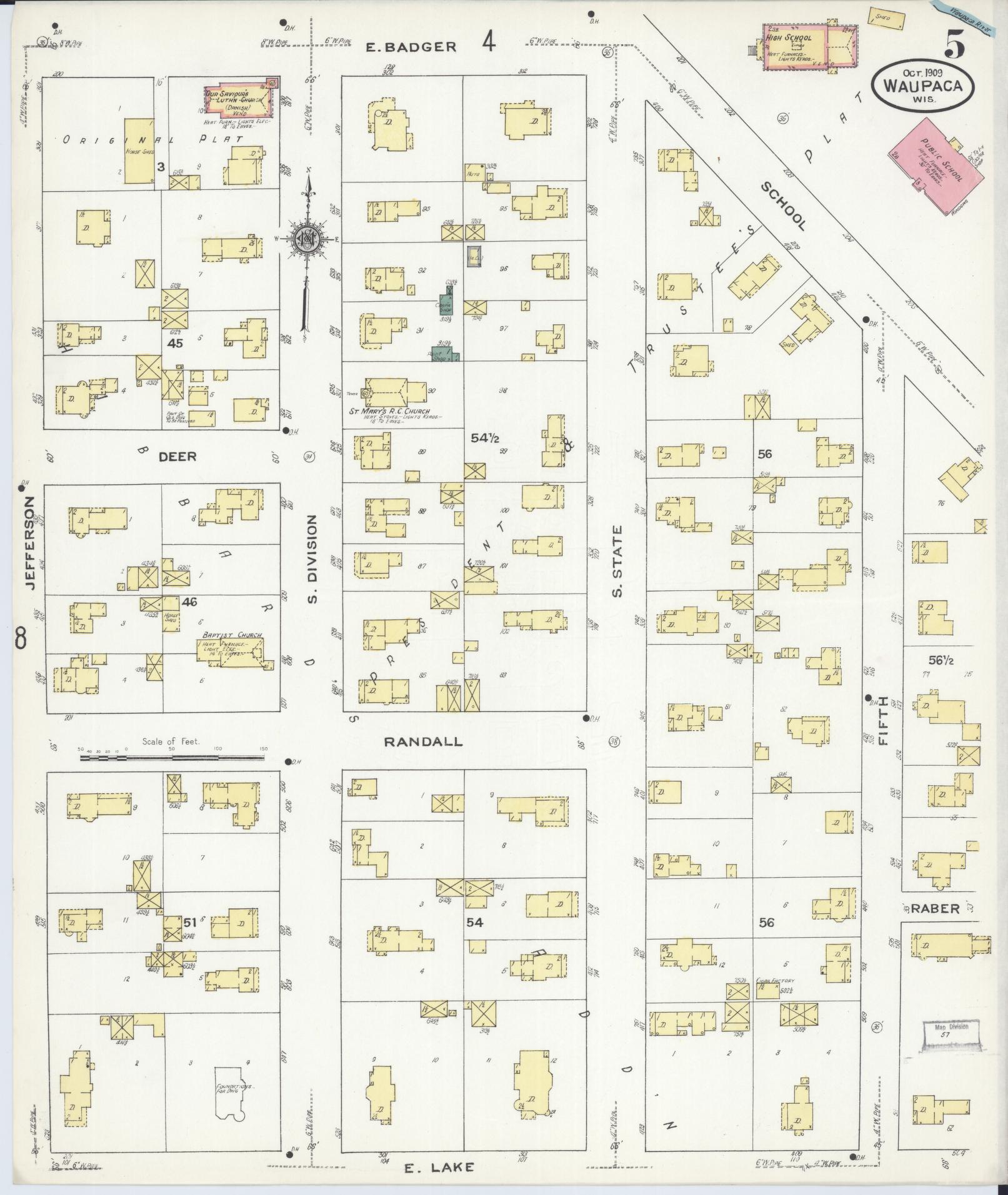 Sanborn Fire Insurance Map from Waupaca, Waupaca County, Wisconsin (1909), Sheet #0005 - Complete Map Set gallery image, historic Sanborn map, vintage wall art, Wisconsin Wisconsin