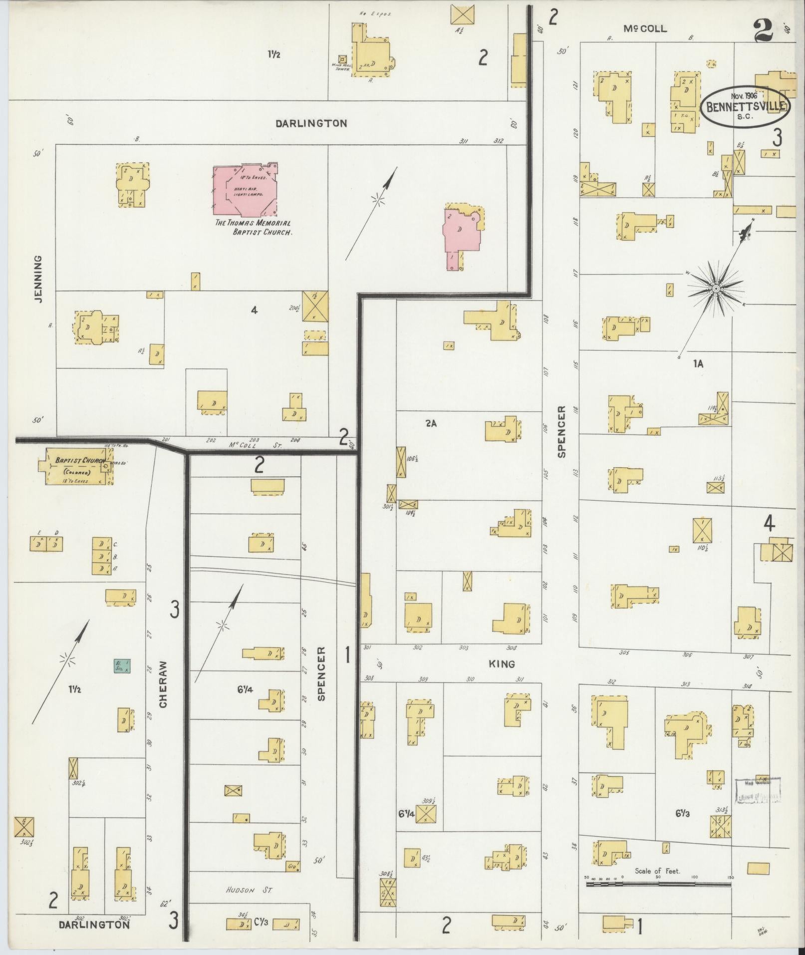 Sanborn Fire Insurance Map from Bennettsville, Marlboro County, South Carolina (1906), Sheet #0002 - Complete Map Set gallery image, historic Sanborn map, vintage wall art, South Carolina South Carolina