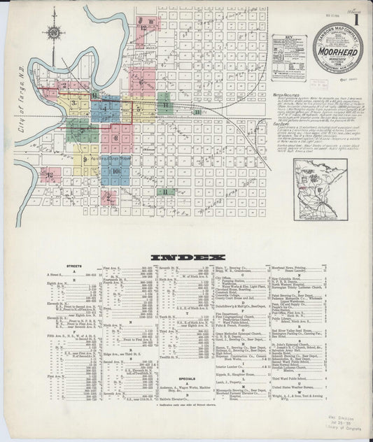 Sanborn Fire Insurance Map from Moorhead, Clay County, Minnesota (1914), Sheet #0001 - Historic Sanborn Fire Insurance Map Print, vintage old map wall art, antique decor, genealogy gift, Minnesota Minnesota map