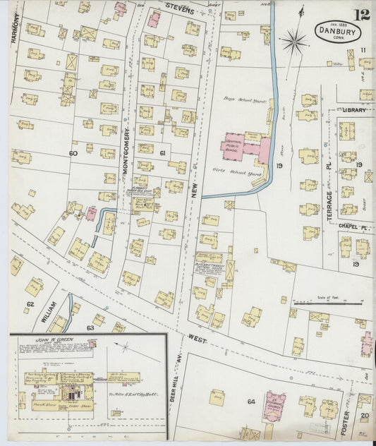 Sanborn Fire Insurance Map from Danbury, Fairfield County, Connecticut (1889), Sheet #0012 - Historic Sanborn Fire Insurance Map Print, vintage old map wall art, antique decor, genealogy gift, Connecticut Connecticut map
