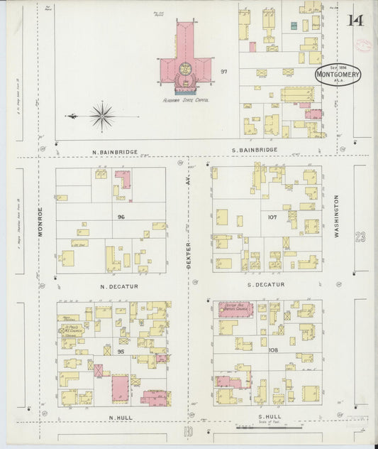 Sanborn Fire Insurance Map from Montgomery, Montgomery County, Alabama (1894), Sheet #0014 - Historic Sanborn Fire Insurance Map Print, vintage old map wall art, antique decor, genealogy gift, Alabama Alabama map