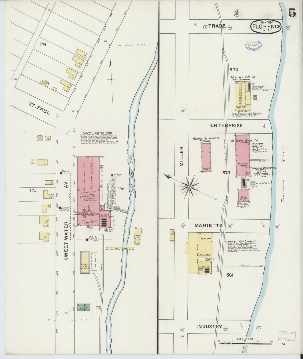 Sanborn Fire Insurance Map from Florence, Lauderdale County, Alabama (1894), Sheet #0005 - Complete Map Set gallery image, historic Sanborn map, vintage wall art, Alabama Alabama