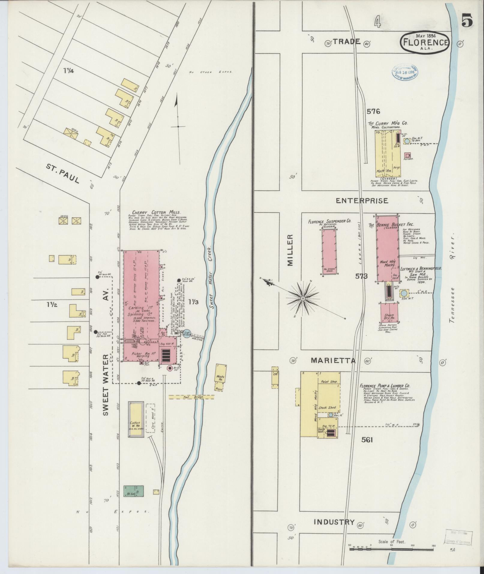 Sanborn Fire Insurance Map from Florence, Lauderdale County, Alabama (1894), Sheet #0005 - Complete Map Set gallery image, historic Sanborn map, vintage wall art, Alabama Alabama