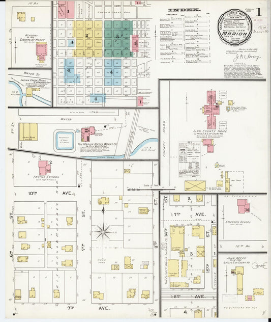 Sanborn Fire Insurance Map from Marion, Linn County, Iowa (1893), Sheet #0001 - Historic Sanborn Fire Insurance Map Print, vintage old map wall art