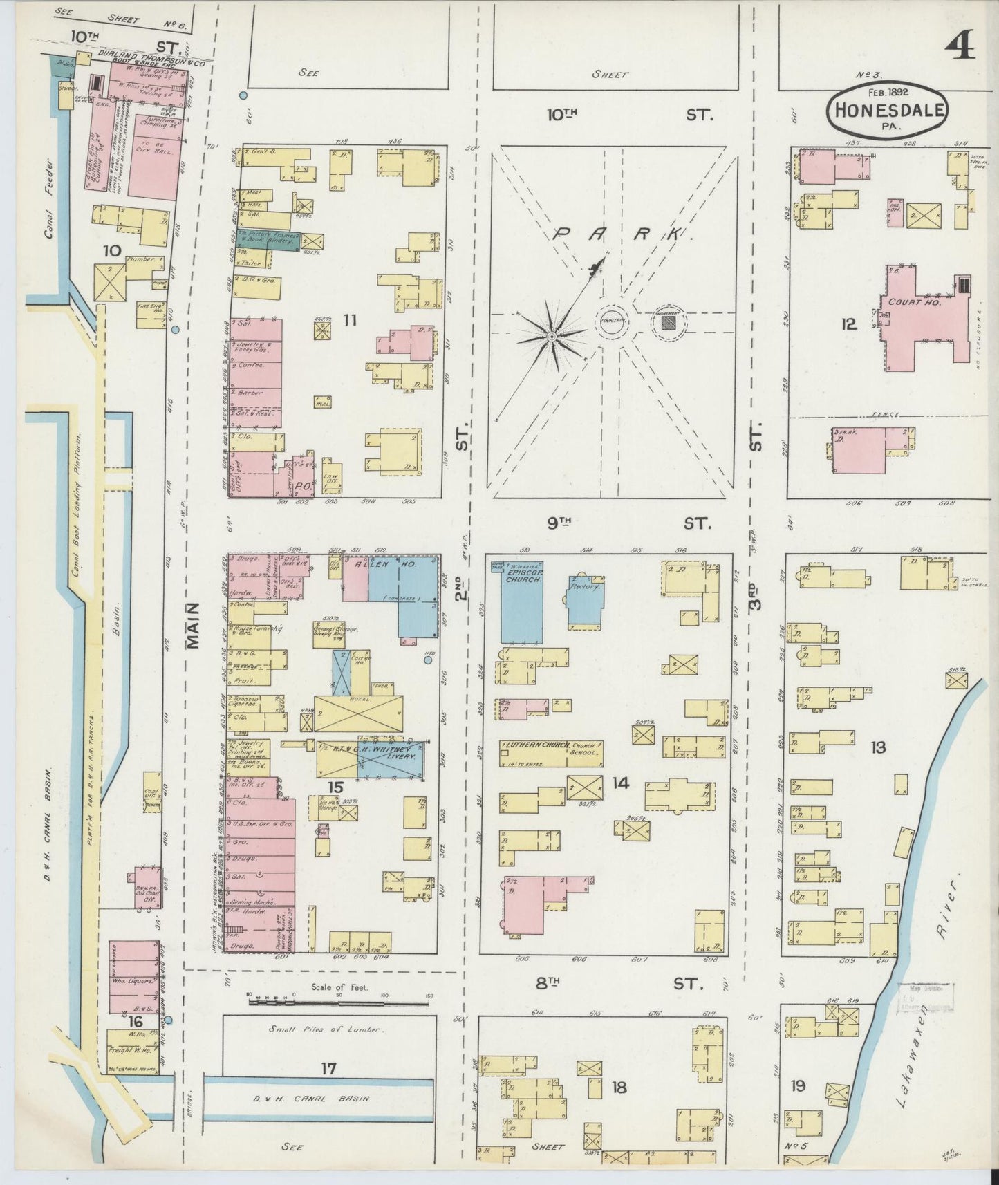 Sanborn Fire Insurance Map from Honesdale, Wayne County, Pennsylvania (1892), Sheet #0004 - Historic Sanborn Fire Insurance Map Print, vintage old map wall art, antique decor, genealogy gift, Pennsylvania Pennsylvania map