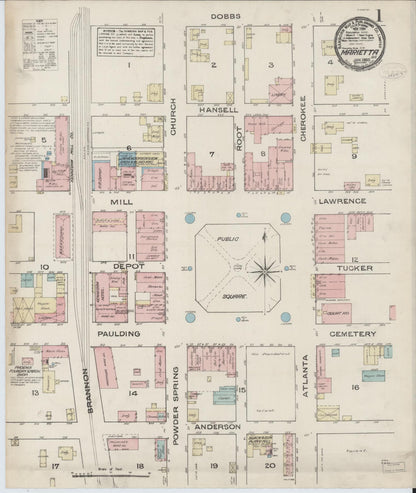 Sanborn Fire Insurance Map from Marietta, Cobb County, Georgia (1885), Sheet #0001 - Complete Map Set gallery image, historic Sanborn map, vintage wall art, Georgia Georgia