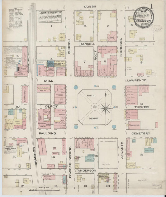 Sanborn Fire Insurance Map from Marietta, Cobb County, Georgia (1885), Sheet #0001 - Complete Map Set gallery image, historic Sanborn map, vintage wall art, Georgia Georgia