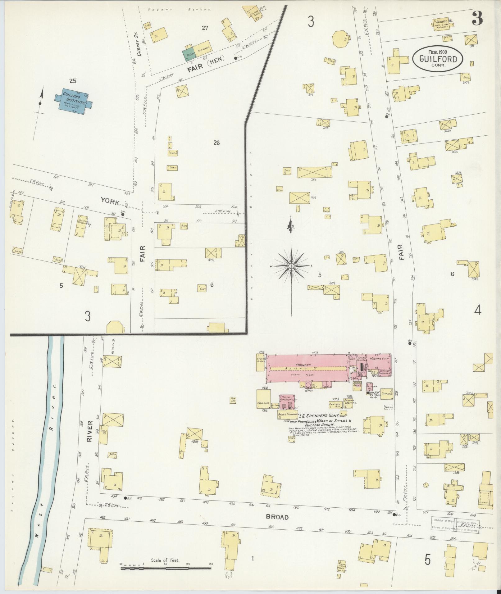 Sanborn Fire Insurance Map from Guilford, New Haven County, Connecticut (1908), Sheet #0003 - Complete Map Set gallery image, historic Sanborn map, vintage wall art, Connecticut Connecticut