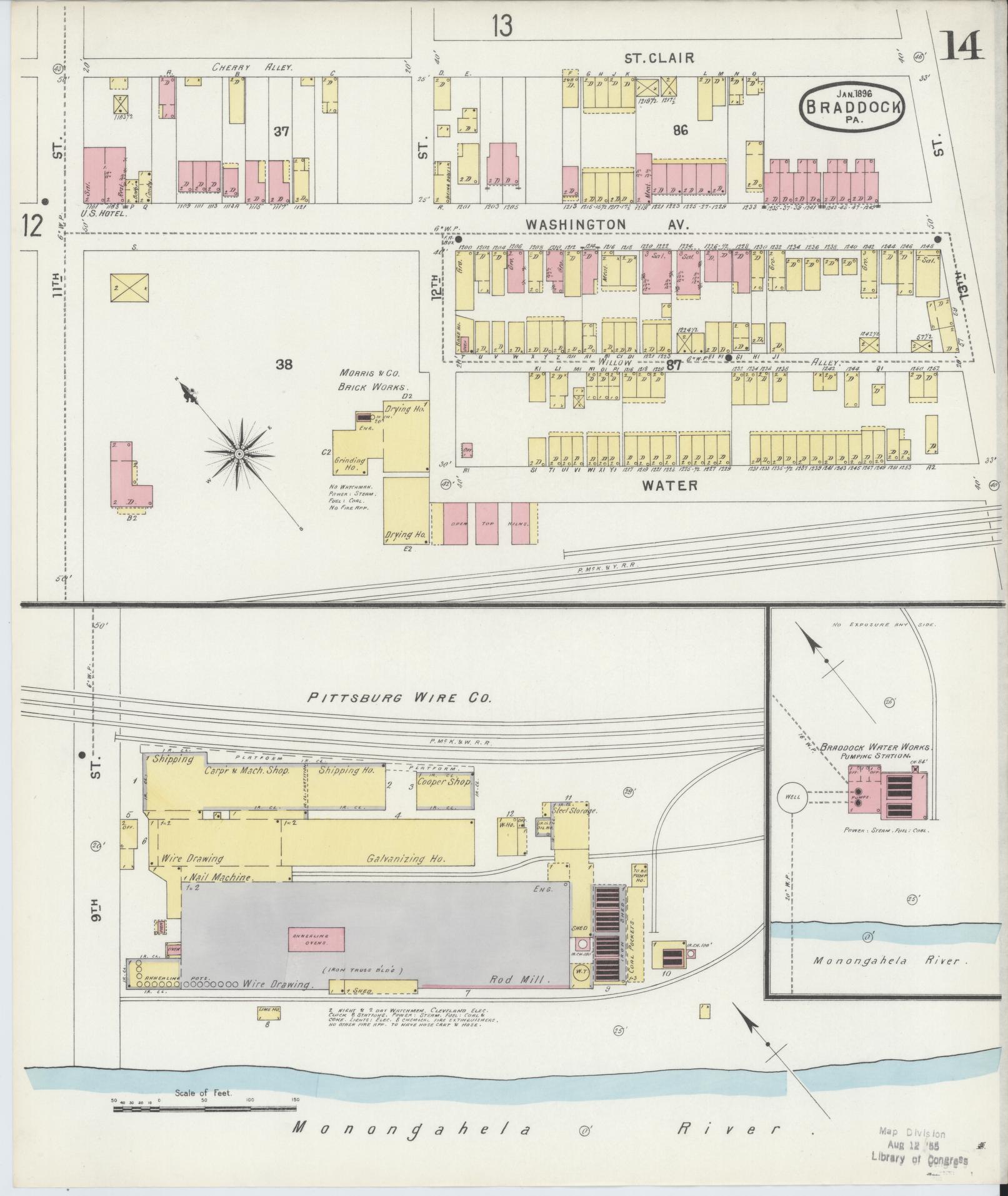 Sanborn Fire Insurance Map from Braddock, Allegheny County, Pennsylvania (1896), Sheet #0014 - Historic Sanborn Fire Insurance Map Print, vintage old map wall art, antique decor, genealogy gift, Pennsylvania Pennsylvania map