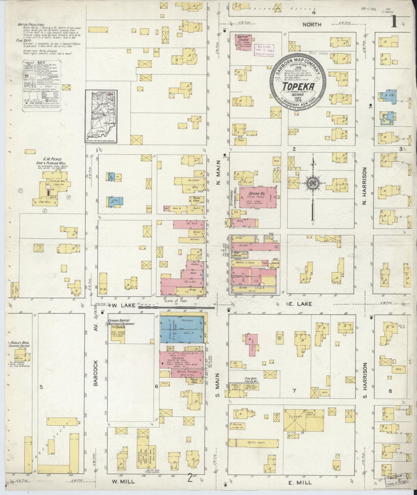 Sanborn Fire Insurance Map from Topeka, LaGrange County, Indiana (1916), Sheet #0001 - Historic Sanborn Fire Insurance Map Print, vintage old map wall art, antique decor, genealogy gift, Indiana Indiana map
