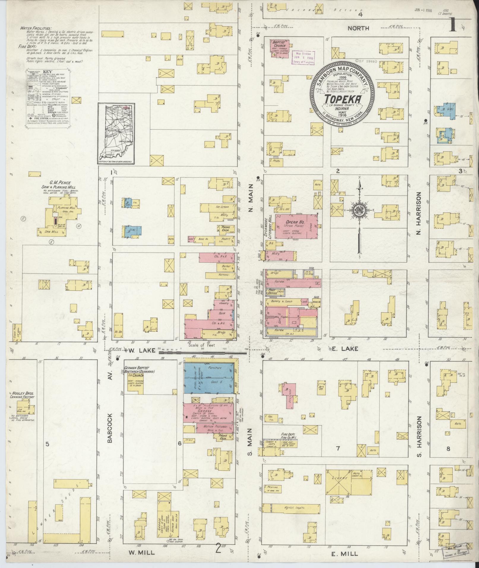 Sanborn Fire Insurance Map from Topeka, LaGrange County, Indiana (1916), Sheet #0001 - Historic Sanborn Fire Insurance Map Print, vintage old map wall art, antique decor, genealogy gift, Indiana Indiana map