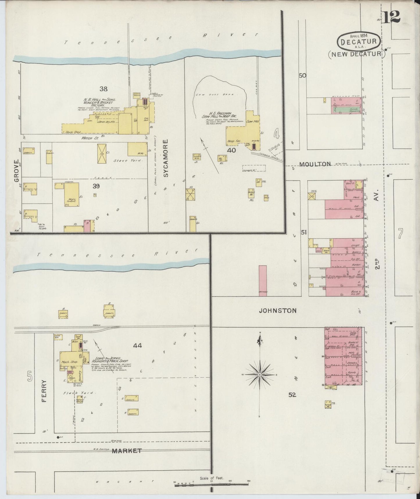 Sanborn Fire Insurance Map from Decatur, Morgan County, Alabama (1894), Sheet #0012 - Historic Sanborn Fire Insurance Map Print, vintage old map wall art, antique decor, genealogy gift, Alabama Alabama map