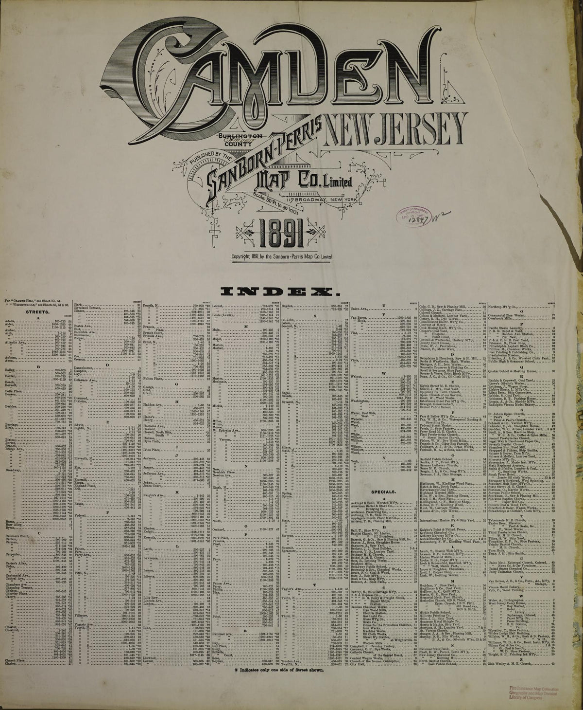 Sanborn Fire Insurance Map from Camden, Camden County, New Jersey (1891), Sheet #0001 - Historic Sanborn Fire Insurance Map Print, vintage old map wall art, antique decor, genealogy gift, New Jersey New Jersey map