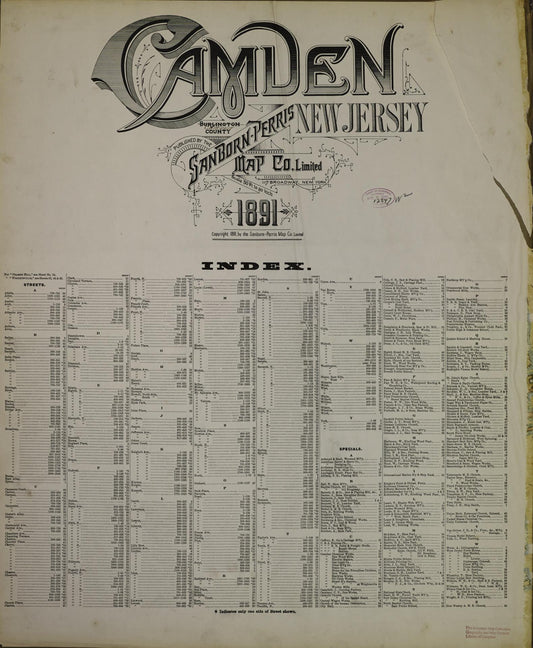 Sanborn Fire Insurance Map from Camden, Camden County, New Jersey (1891), Sheet #0001 - Historic Sanborn Fire Insurance Map Print, vintage old map wall art, antique decor, genealogy gift, New Jersey New Jersey map