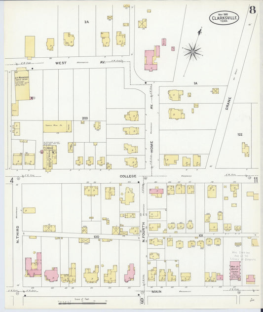 Sanborn Fire Insurance Map from Clarksville, Montgomery County, Tennessee (1908), Sheet #0008 - Historic Sanborn Fire Insurance Map Print, vintage old map wall art, antique decor, genealogy gift, Tennessee Tennessee map