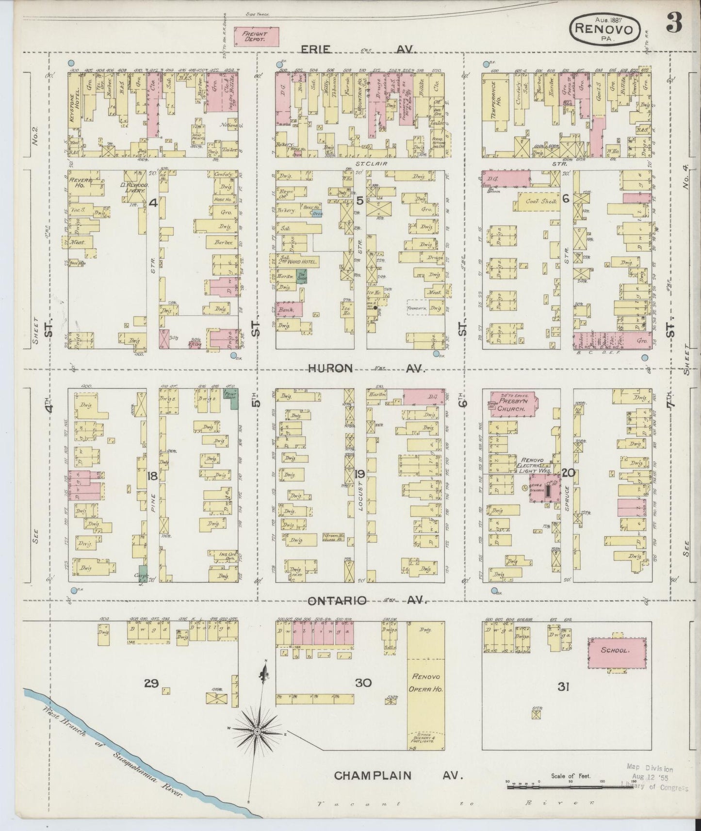 Sanborn Fire Insurance Map from Renovo, Clinton County, Pennsylvania (1887), Sheet #0003 - Complete Map Set gallery image, historic Sanborn map, vintage wall art, Pennsylvania Pennsylvania