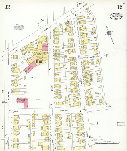 Sanborn Fire Insurance Map from Bridgeton, Cumberland County, New Jersey (1923), Sheet #0012 - Historic Sanborn Fire Insurance Map Print, vintage old map wall art, antique decor, genealogy gift, New Jersey New Jersey map