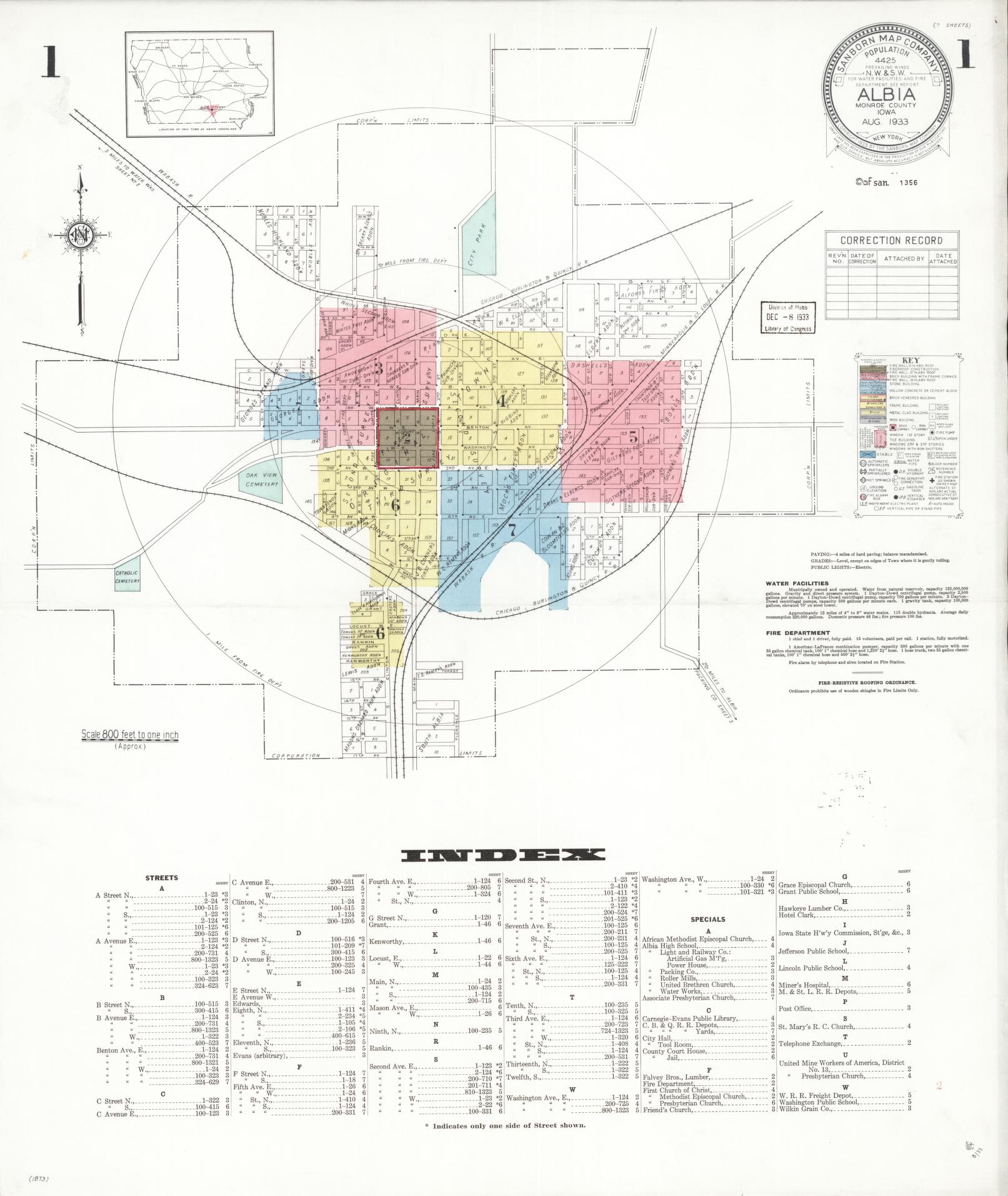 Sanborn Fire Insurance Map from Albia, Monroe County, Iowa (1933), Sheet #0001 - Historic Sanborn Fire Insurance Map Print