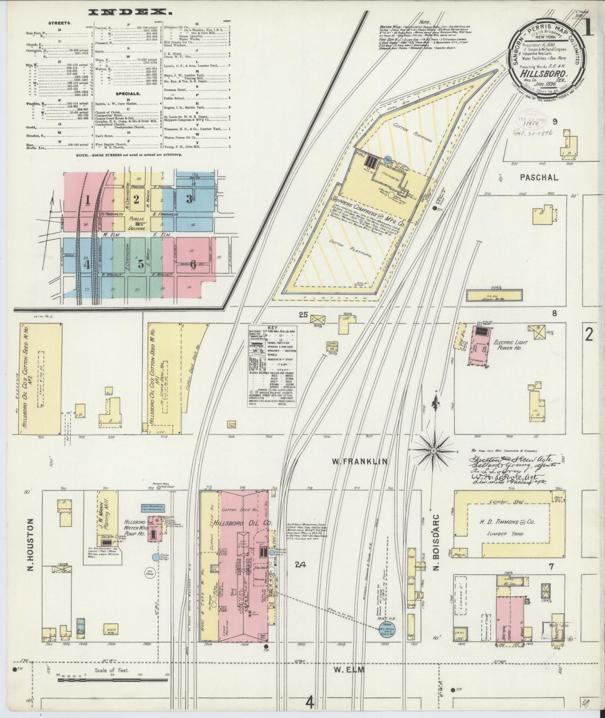 Sanborn Fire Insurance Map from Hillsboro, Hill County, Texas (1896), Sheet #0001 - Complete Map Set gallery image, historic Sanborn map, vintage wall art, Texas Texas