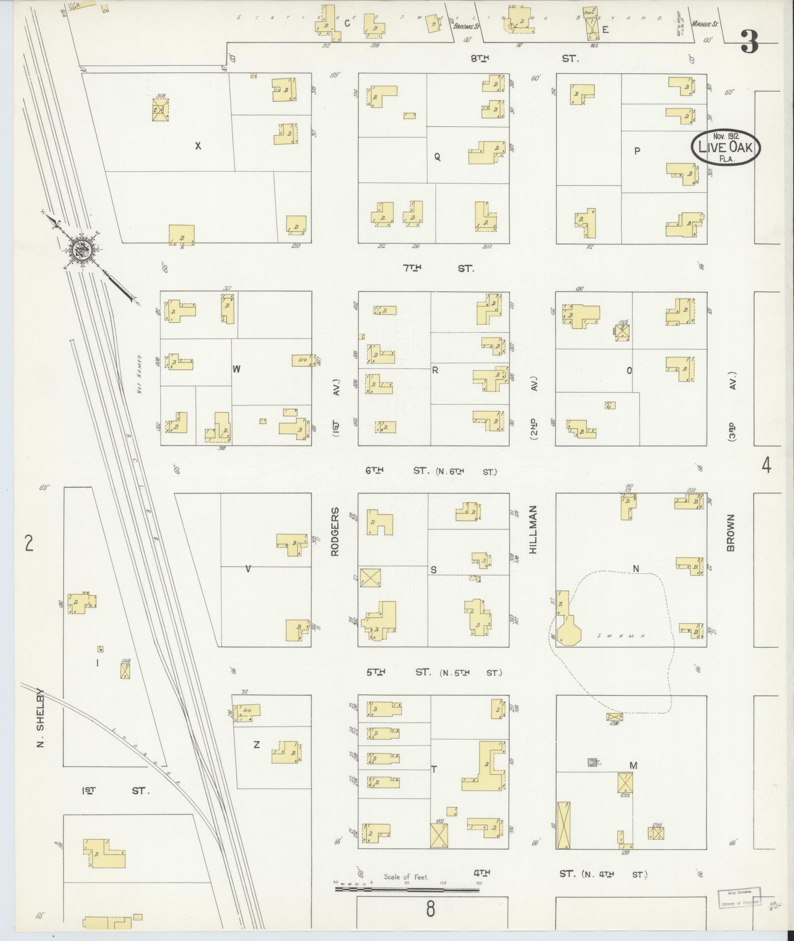 Sanborn Fire Insurance Map from Live Oak, Suwanee County, Florida (1912), Sheet #0003 - Complete Map Set gallery image, historic Sanborn map, vintage wall art, Florida Florida