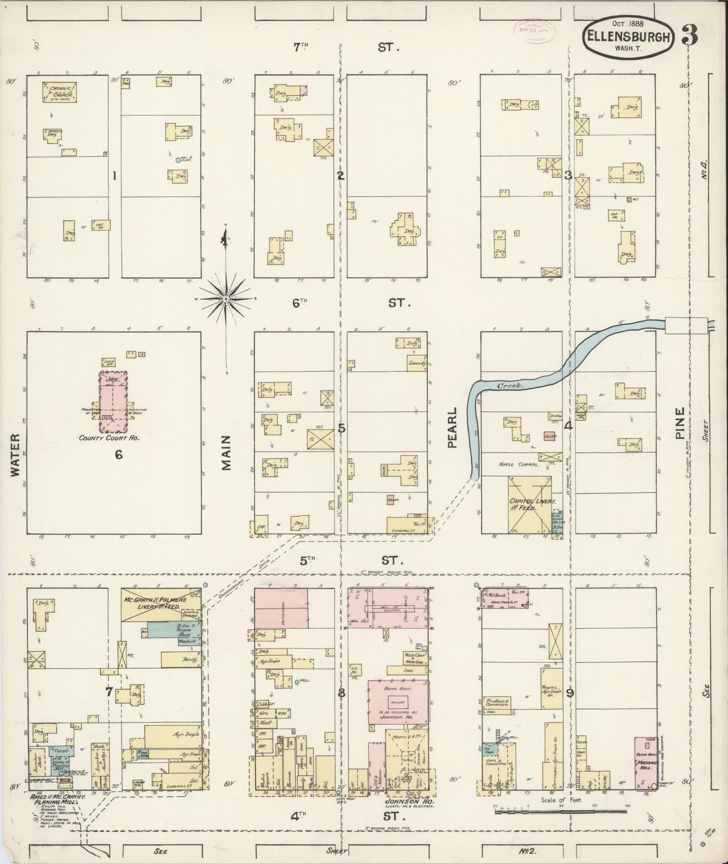 Sanborn Fire Insurance Map from Ellensburg, Kittitas County, Washington (1888), Sheet #0003 - Complete Map Set gallery image, historic Sanborn map, vintage wall art, Washington Washington