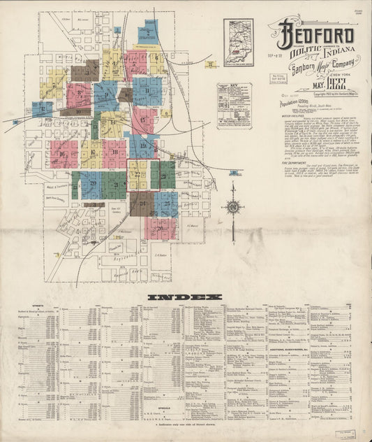Sanborn Fire Insurance Map from Bedford, Lawrence County, Indiana (1922), Sheet #0001 - Complete Map Set gallery image, historic Sanborn map, vintage wall art, Indiana Indiana