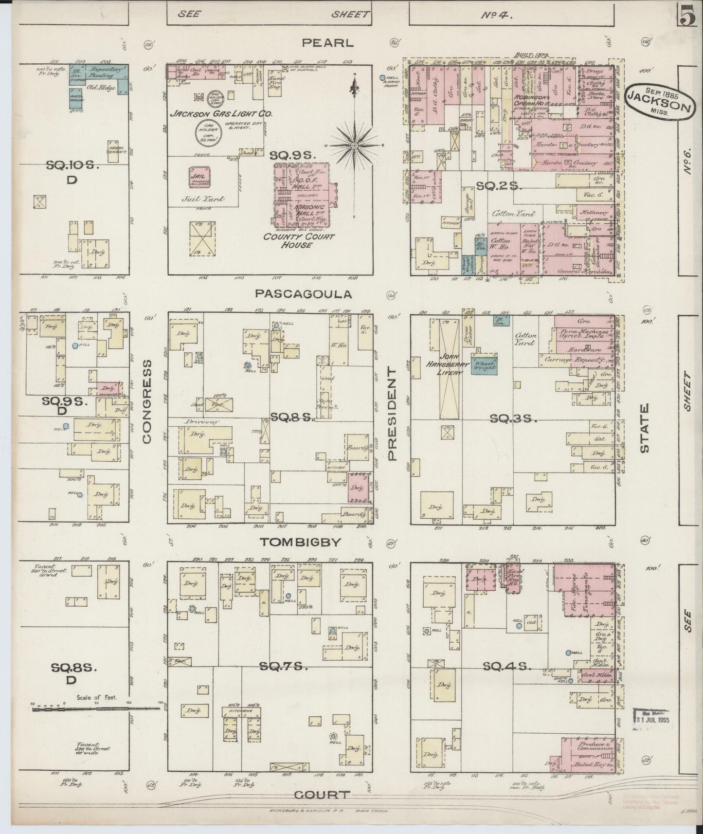 Sanborn Fire Insurance Map from Jackson, Hinds County, Mississippi (1885), Sheet #0005 - Complete Map Set gallery image, historic Sanborn map, vintage wall art, Mississippi Mississippi