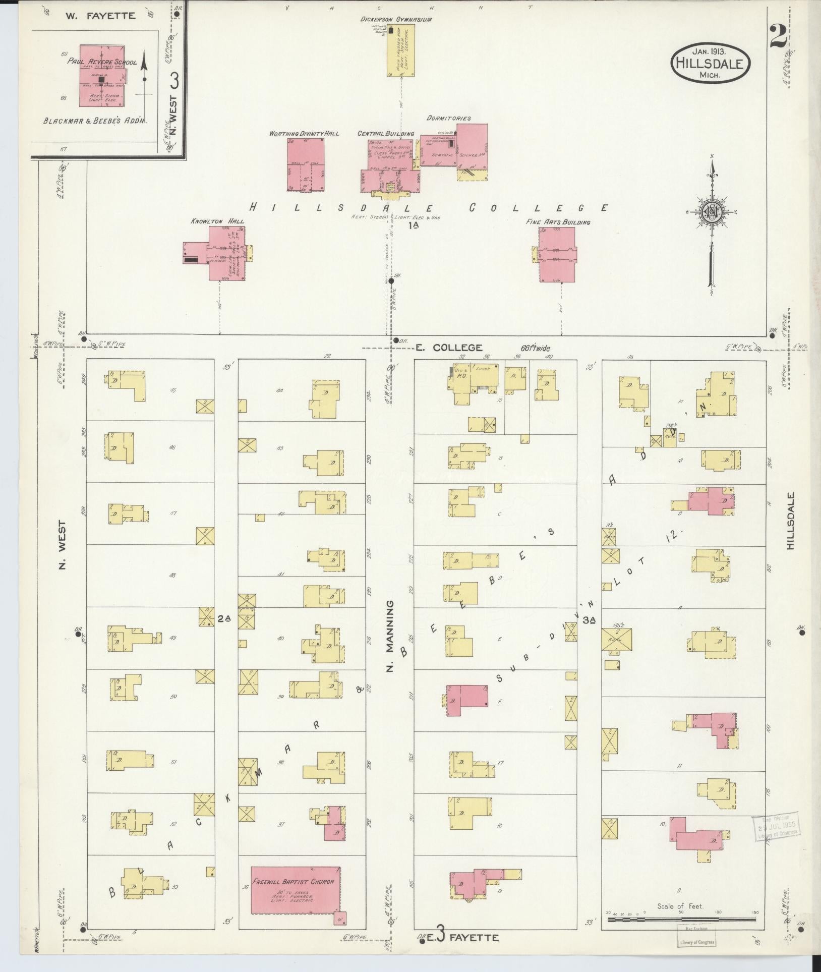 Sanborn Fire Insurance Map from Hillsdale, Hillsdale County, Michigan (1913), Sheet #0002 - Complete Map Set gallery image, historic Sanborn map, vintage wall art, Michigan Michigan