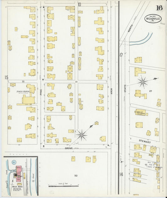 Sanborn Fire Insurance Map from Meadville, Crawford County, Pennsylvania (1901), Sheet #0016 - Historic Sanborn Fire Insurance Map Print, vintage old map wall art, antique decor, genealogy gift, Pennsylvania Pennsylvania map