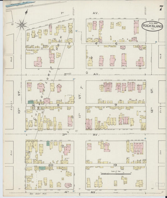 Sanborn Fire Insurance Map from Rock Island, Rock Island County, Illinois (1886), Sheet #0007 - Historic Sanborn Fire Insurance Map Print, vintage old map wall art, antique decor, genealogy gift, Illinois Illinois map