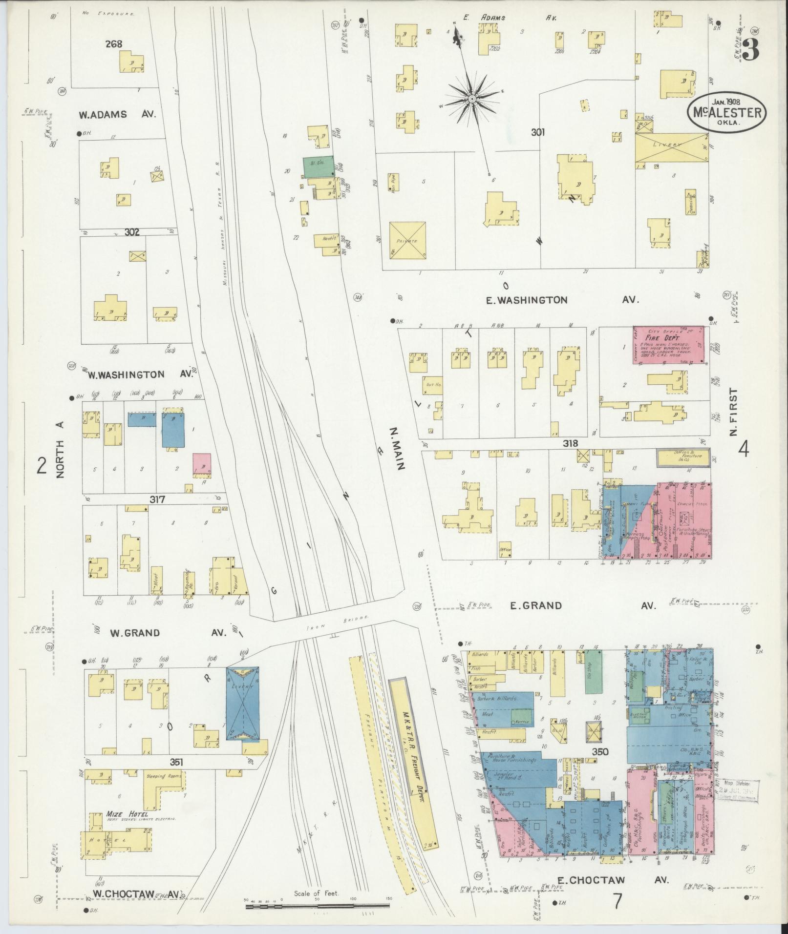 Sanborn Fire Insurance Map from McAlester, Pittsburg County, Oklahoma (1908), Sheet #0003 - Historic Sanborn Fire Insurance Map Print, vintage old map wall art, antique decor, genealogy gift, Oklahoma Oklahoma map