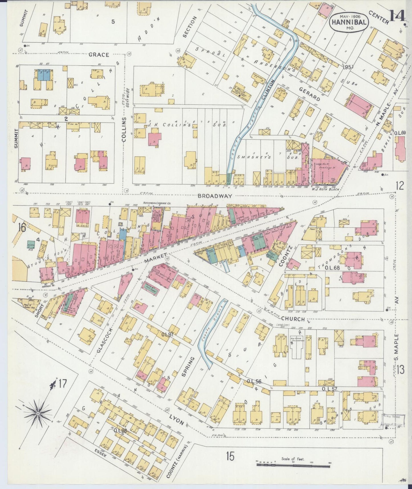 Sanborn Fire Insurance Map from Hannibal, Marion County, Missouri (1906), Sheet #0014 - Historic Sanborn Fire Insurance Map Print, vintage old map wall art, antique decor, genealogy gift, Missouri Missouri map