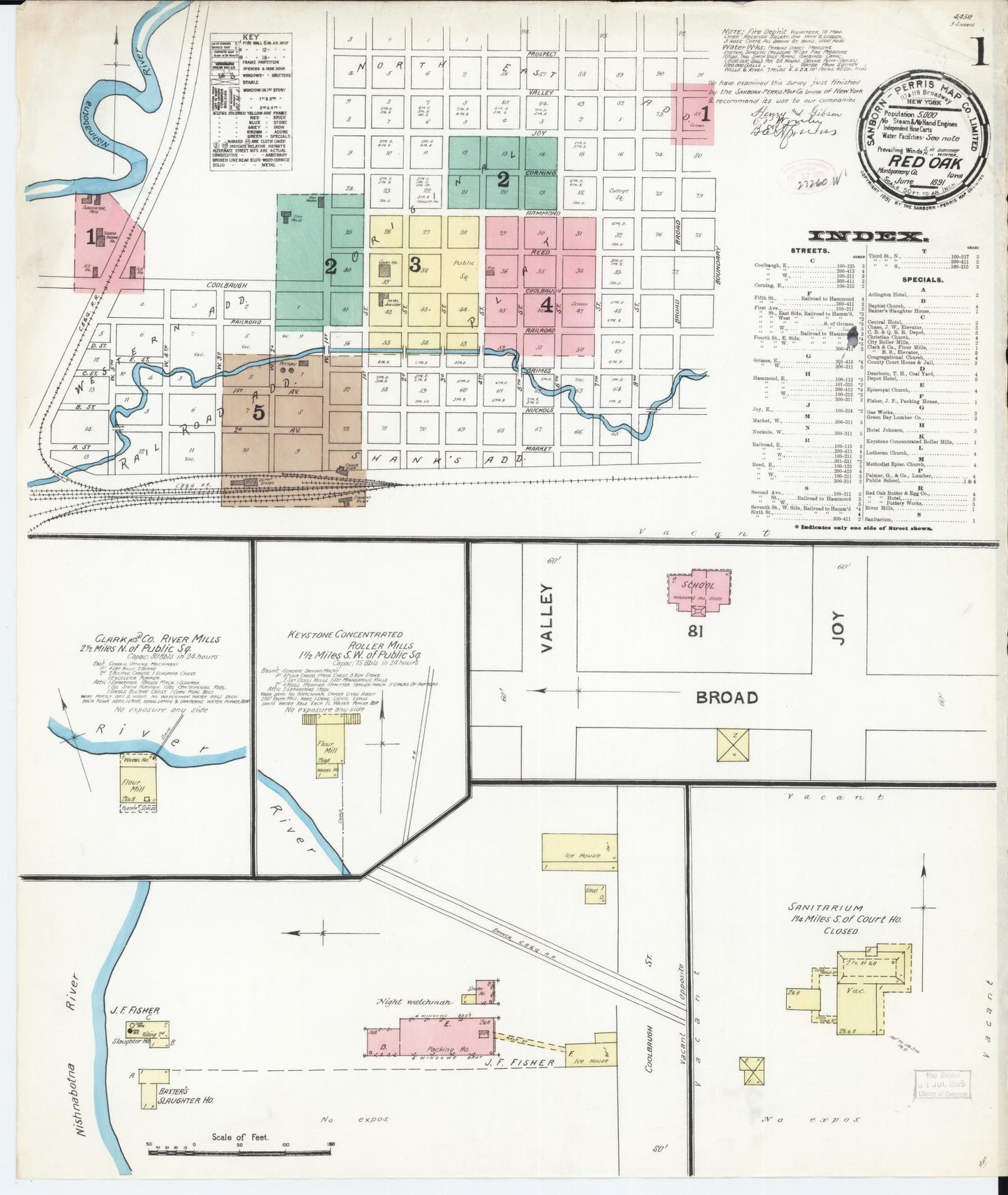 Sanborn Fire Insurance Map from Red Oak, Montgomery County, Iowa (1891), Sheet #0001 - Historic Sanborn Fire Insurance Map Print, vintage old map wall art