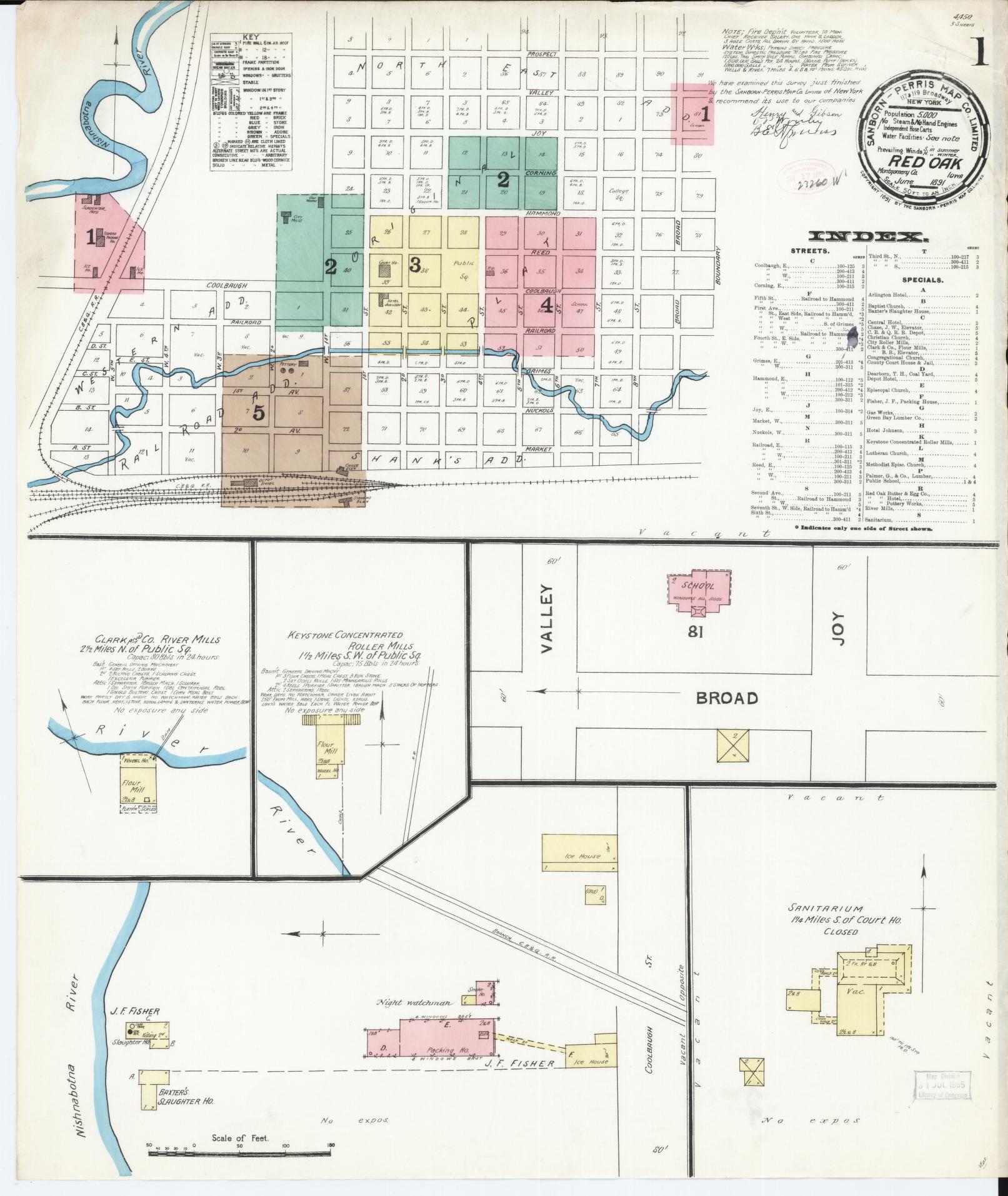Sanborn Fire Insurance Map from Red Oak, Montgomery County, Iowa (1891), Sheet #0001 - Historic Sanborn Fire Insurance Map Print, vintage old map wall art