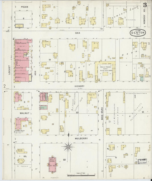 Sanborn Fire Insurance Map from Denton, Denton County, Texas (1896), Sheet #0003 - Historic Sanborn Fire Insurance Map Print, vintage old map wall art, antique decor, genealogy gift, Texas Texas map
