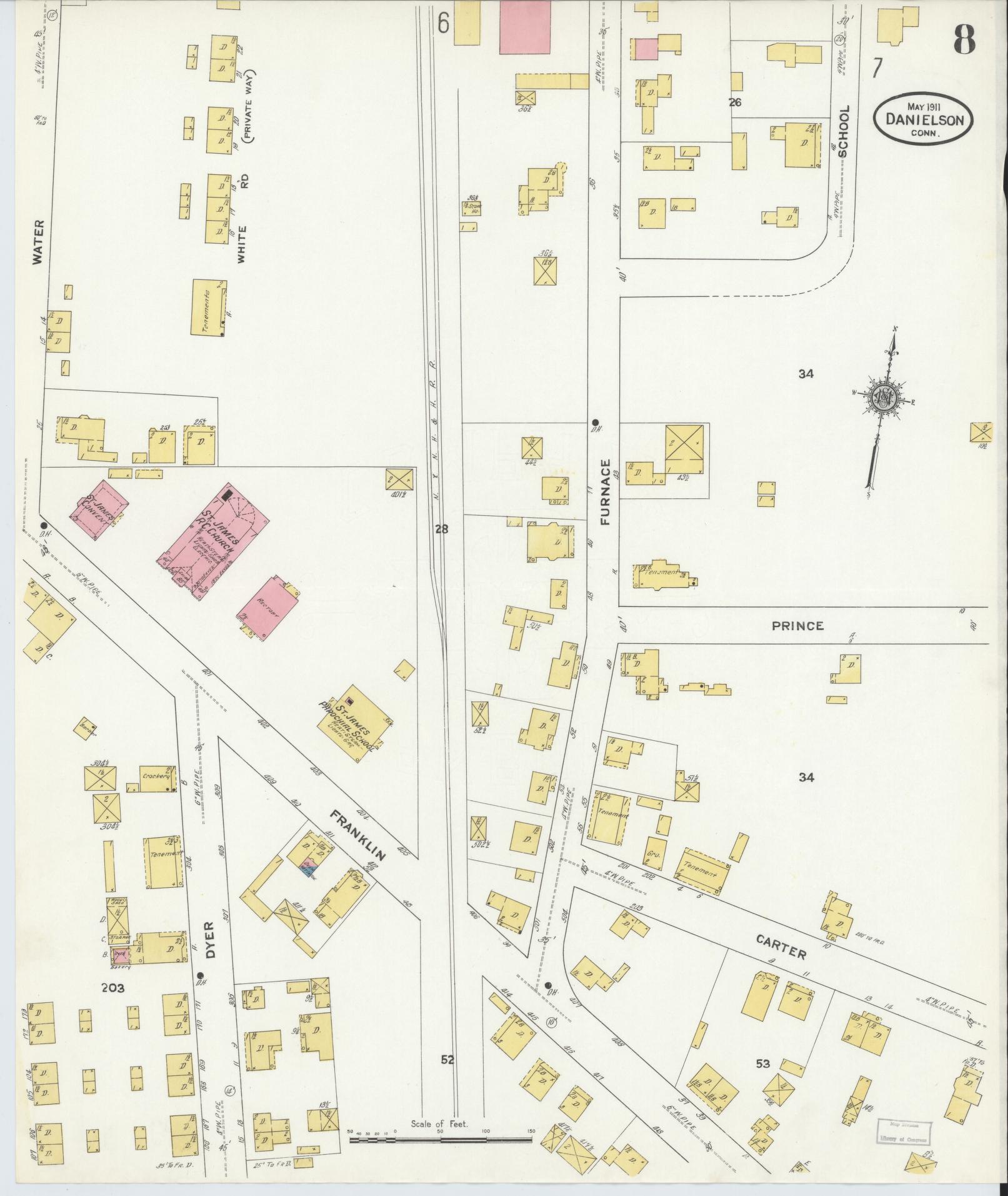 Sanborn Fire Insurance Map from Danielson, Windham County, Connecticut (1911), Sheet #0008 - Historic Sanborn Fire Insurance Map Print, vintage old map wall art, antique decor, genealogy gift, Connecticut Connecticut map