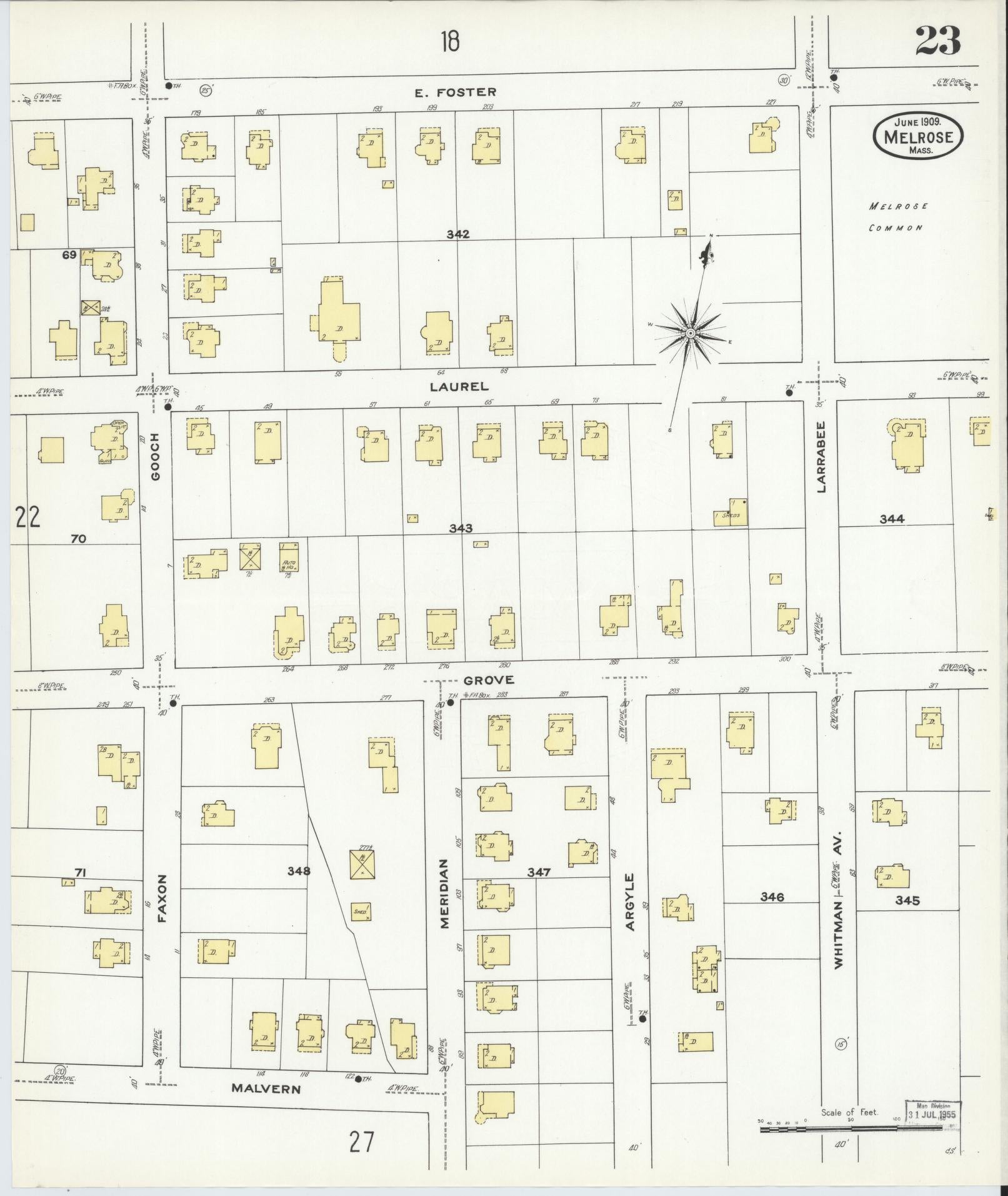 Sanborn Fire Insurance Map from Melrose, Middlesex County, Massachusetts (1909), Sheet #0023 - Historic Sanborn Fire Insurance Map Print, vintage old map wall art, antique decor, genealogy gift, Massachusetts Massachusetts map