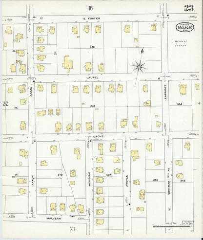 Sanborn Fire Insurance Map from Melrose, Middlesex County, Massachusetts (1909), Sheet #0023 - Historic Sanborn Fire Insurance Map Print, vintage old map wall art, antique decor, genealogy gift, Massachusetts Massachusetts map