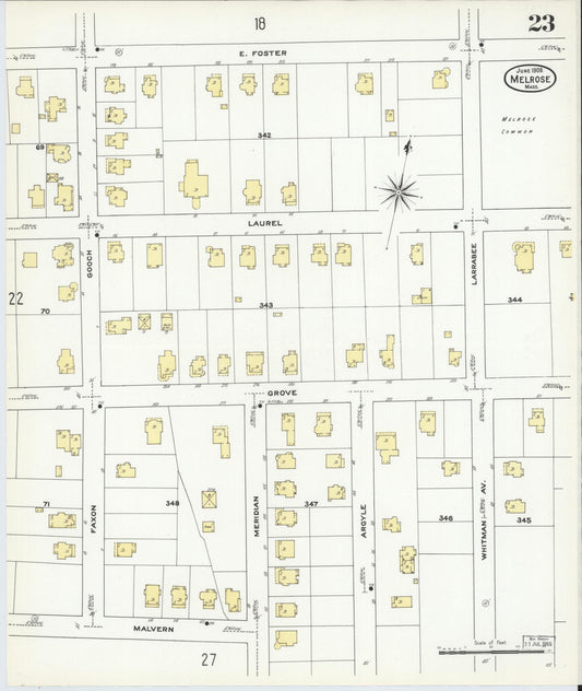Sanborn Fire Insurance Map from Melrose, Middlesex County, Massachusetts (1909), Sheet #0023 - Historic Sanborn Fire Insurance Map Print, vintage old map wall art, antique decor, genealogy gift, Massachusetts Massachusetts map