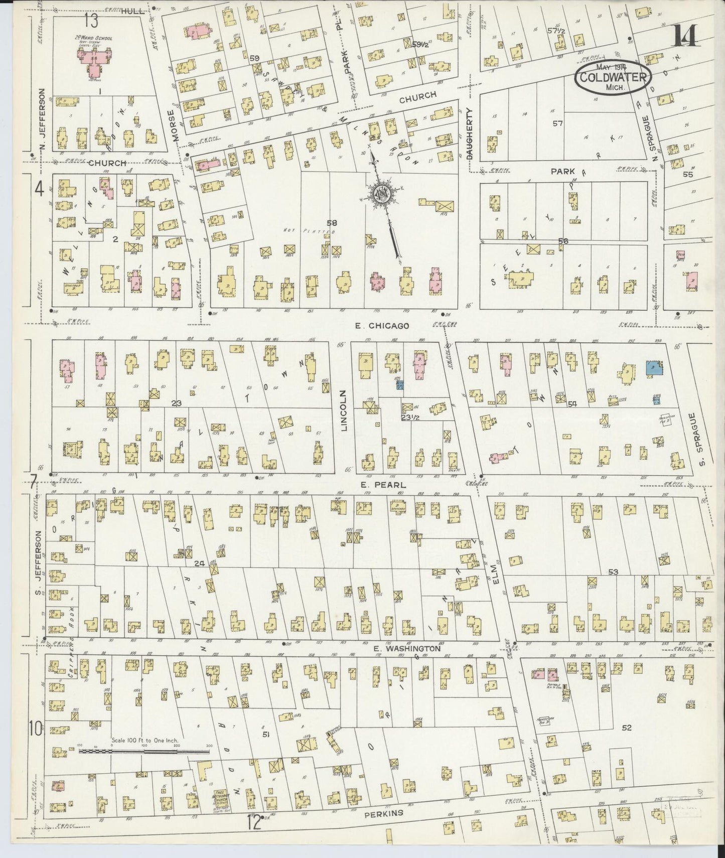 Sanborn Fire Insurance Map from Coldwater, Branch County, Michigan (1914), Sheet #0014 - Historic Sanborn Fire Insurance Map Print, vintage old map wall art, antique decor, genealogy gift, Michigan Michigan map