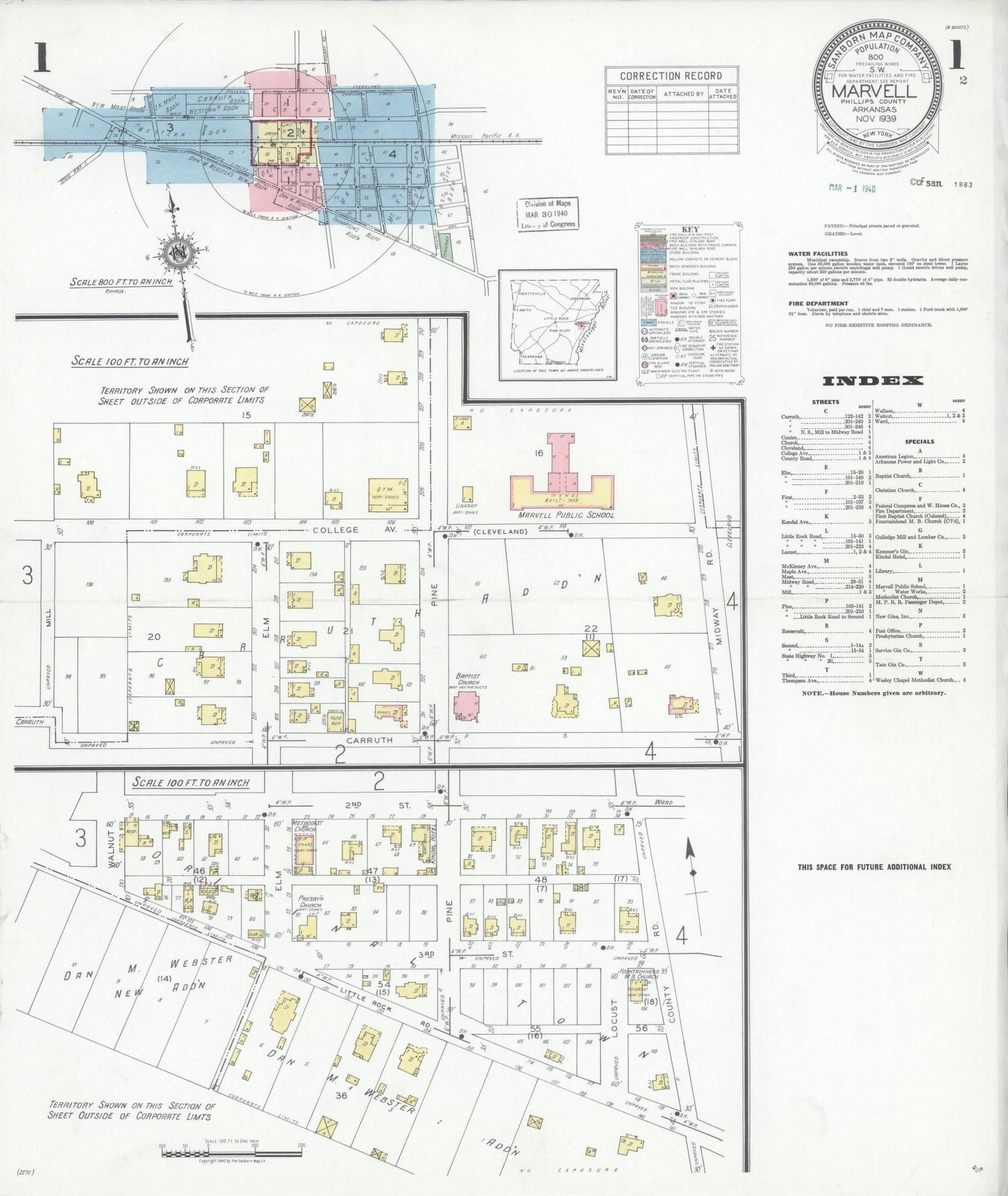 Sanborn Fire Insurance Map from Marvell, Phillips County, Arkansas (1939), Sheet #0001 - Historic Sanborn Fire Insurance Map Print, vintage old map wall art, antique decor, genealogy gift, Arkansas Arkansas map