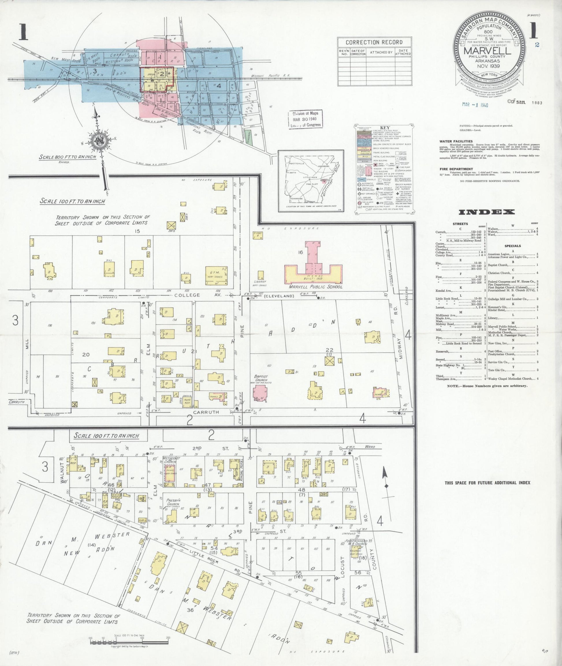 Sanborn Fire Insurance Map from Marvell, Phillips County, Arkansas (1939), Sheet #0001 - Historic Sanborn Fire Insurance Map Print, vintage old map wall art, antique decor, genealogy gift, Arkansas Arkansas map