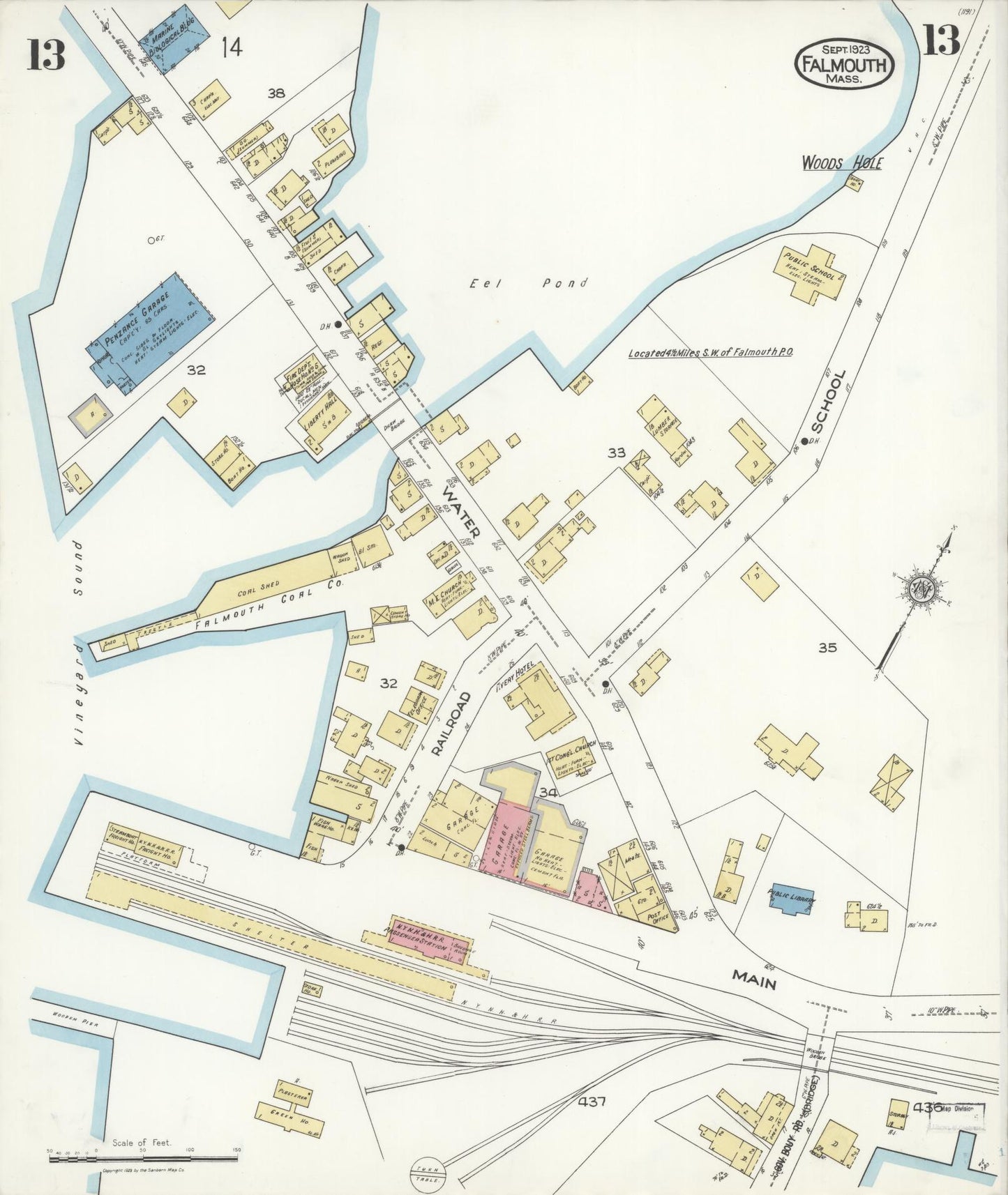 Sanborn Fire Insurance Map from Falmouth, Barnstable County, Massachusetts (1923), Sheet #0013 - Complete Map Set gallery image, historic Sanborn map, vintage wall art, Massachusetts Massachusetts