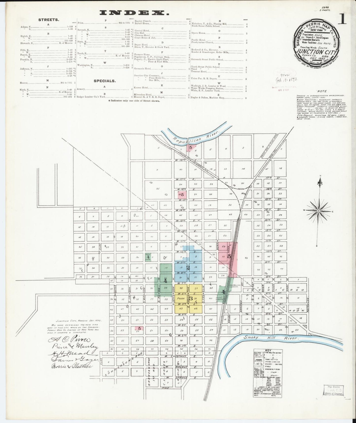 Sanborn Fire Insurance Map from Junction City, Geary County, Kansas (1892), Sheet #0001 - Complete Map Set gallery image, historic Sanborn map, vintage wall art, Kansas Kansas