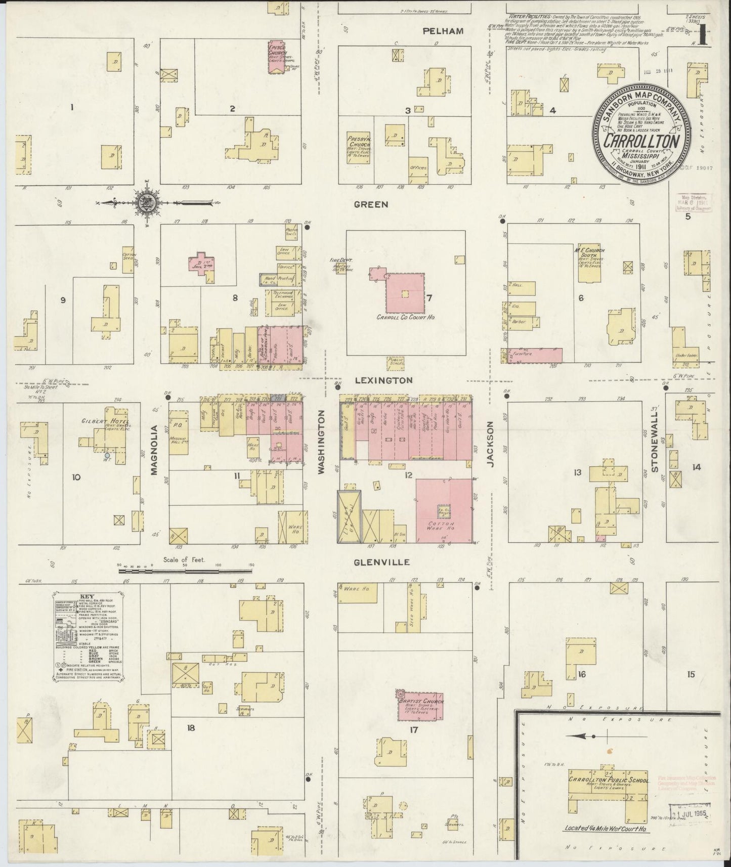 Sanborn Fire Insurance Map from Carrollton, Carroll County, Mississippi (1911), Sheet #0001 - Complete Map Set gallery image, historic Sanborn map, vintage wall art, Mississippi Mississippi