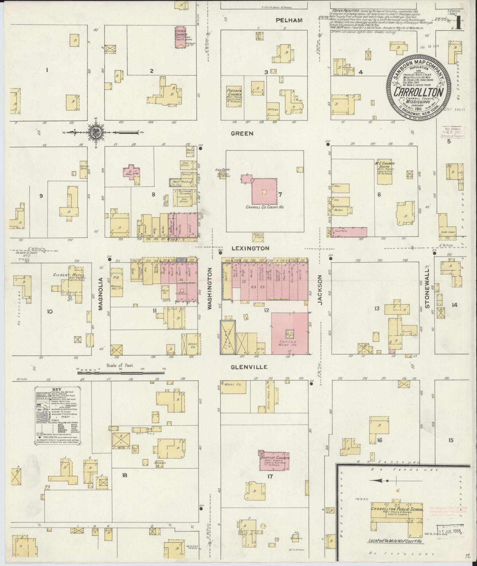 Sanborn Fire Insurance Map from Carrollton, Carroll County, Mississippi (1911), Sheet #0001 - Complete Map Set gallery image, historic Sanborn map, vintage wall art, Mississippi Mississippi