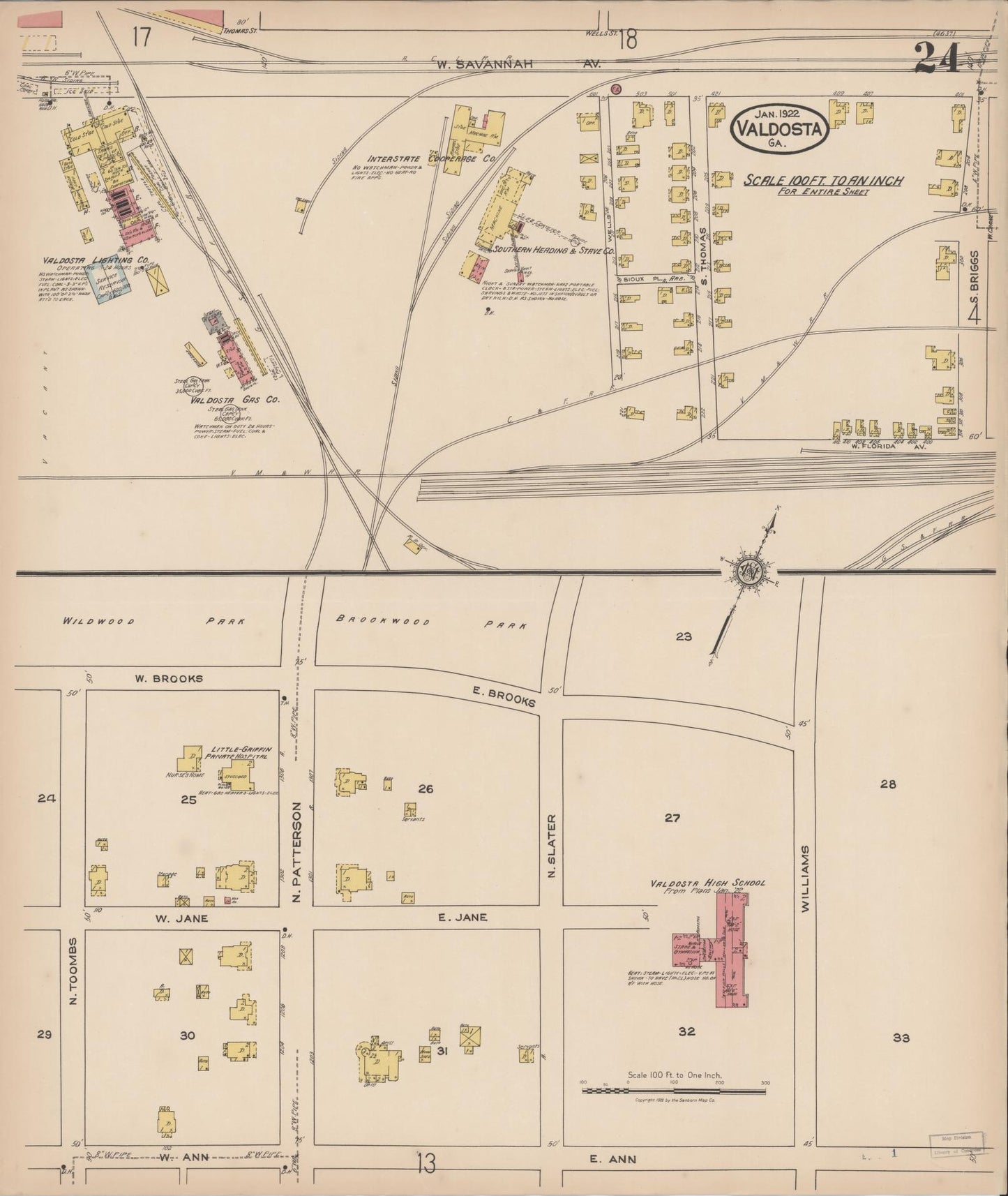Sanborn Fire Insurance Map from Valdosta, Lowndes County, Georgia (1922), Sheet #0024 - Historic Sanborn Fire Insurance Map Print, vintage old map wall art, antique decor, genealogy gift, Georgia Georgia map